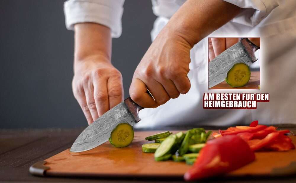 Chef is slicing cucumber with Novahaven Damascus Steel Skinner Knife